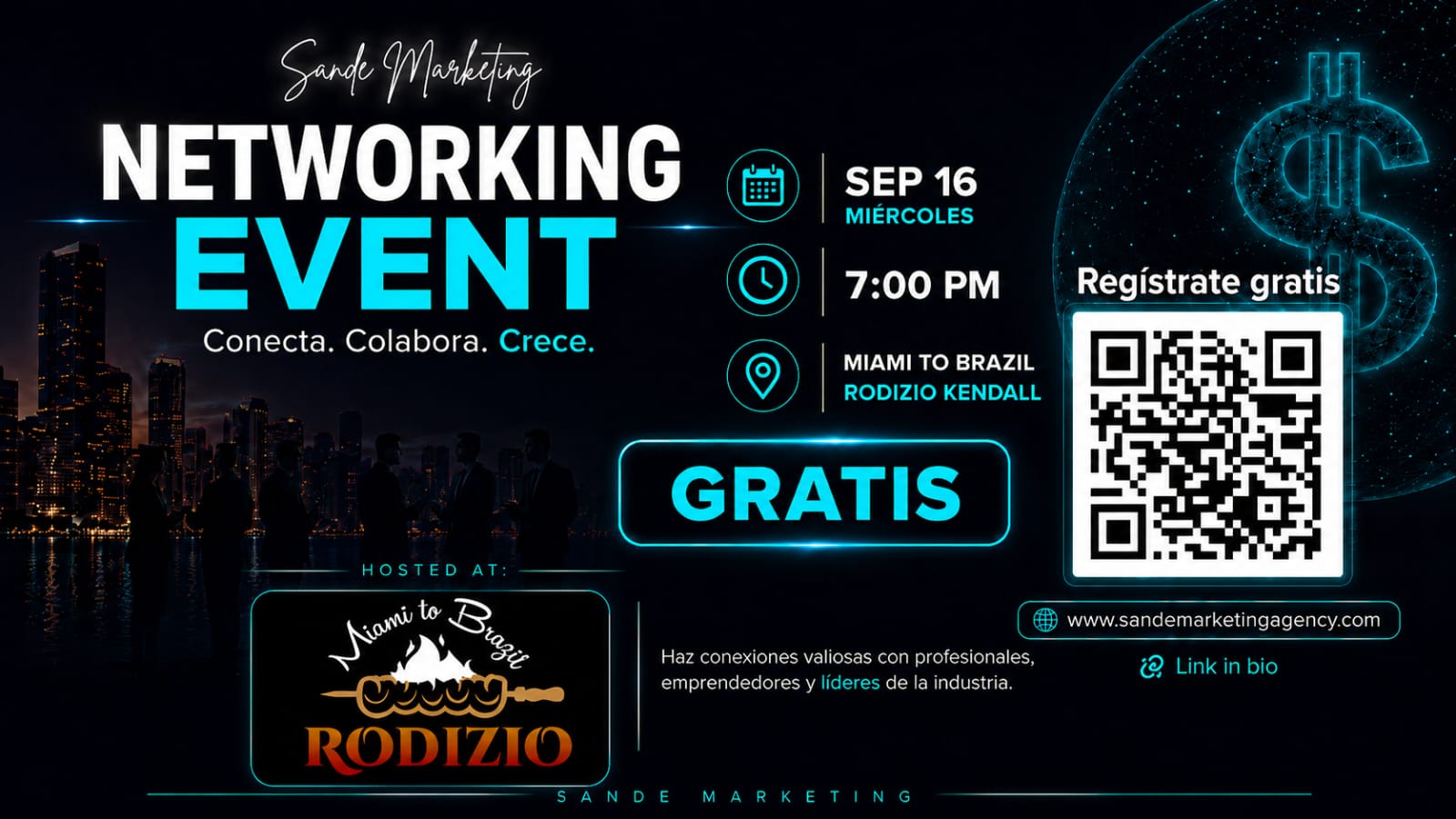 Networking Event flyer for Miami to Brazil Rodizio Kendall